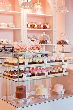 a bakery filled with lots of different types of cakes and cupcakes on display