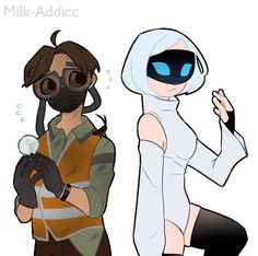 two cartoon characters one wearing a gas mask and the other as a man with a beard