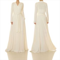 Long Sleeve Lounge Dress Kimono White Wrap Dress Off White Floor-length Wedding Dress, Off White Floor-length Dresses For Wedding, Elegant Long Dress For Wedding Night, Elegant Long Off White Dresses, Elegant Long Off-white Dress, Elegant Long Sleeve Off White Maxi Dress, Off White Maxi Length Wedding Gown, Elegant Off White Long Sleeve Maxi Dress, Cream Long Sleeve Bridesmaid Dress