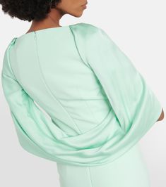 Caped crêpe gown in green - Safiyaa | Mytheresa Pre-draped Maxi Dress With Draped Sleeves, Pre-draped Gown With Cape Sleeves, Fitted Pre-draped Evening Dress With Cape Sleeves, Fitted Evening Dress With Draped Sleeves, Pre-draped Gown With Draped Sleeves For Gala, Gown With Draped Sleeves And Fitted Bodice, Draped Maxi Dress With Draped Sleeves For Evening, Fitted Maxi Gown With Draped Sleeves, Evening Gown With Draped Sleeves