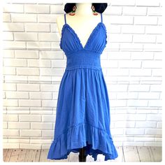 Hi-Low Dress In Pretty Cobalt Blue Color Size Small Length Hi 34” Length Low 48” Strap Adjustable Expandable Waist 26-34” Made In China Blue V-neck Lined Sundress, Casual Blue Rayon Mini Dress, Blue Lined Midi Dress For Vacation, Blue Rayon Sundress, Casual Blue Rayon Sundress, Blue Rayon Summer Midi Dress, Flowy Blue Rayon Sundress, Blue Lined Midi Sundress, Summer Blue Rayon Midi Dress