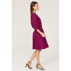 Purple cotton blend (70% Cotton, 30% Polyester). A-line. Short sleeves. V-neck. Back zipper closure. 33" from shoulder to hemline. Imported. Formal Cotton V-neck Midi Dress, Formal V-neck Cotton Midi Dress, Godet Dress, Rent The Runway, We Are Love, Closet Designs, 3.1 Phillip Lim, Phillip Lim, Belted Dress