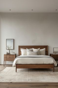 a bedroom with white walls and wooden furniture