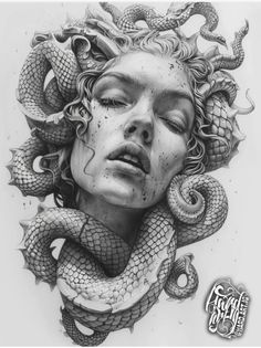 a drawing of a woman's head with snakes around her neck and eyes closed