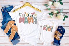 Mother's Day matching Shirts, Retro Mama Shirt, Retro Mini Shirt, Groovy Mama Mini Matching Shirts, Mama And Mini Wildflower Shirts -Unisex soft cotton shirt. Professionally printed. made of super soft lightweight cotton.    Listing is for ONE  shirt (price shown is for ONE Shirt) - if you want combo, please select and add one by one shirt and put them in a cart, pay together at the end.  1 - Adult Unisex:  Mama 2 - Baby/Toddler/Child: Mini T-shirt is made of Pre-shrunk 100% ultra soft cotton, r Matching Funny Print Summer Tops, Summer Matching Custom Print Tops, Summer Family Custom Print Shirt, Mother's Day Printed Cotton Tops, Casual Multicolor Shirt For Mother's Day, Family Matching Printed Cotton Tops, Mother's Day Floral Print Cotton Shirt, Mother's Day Floral Cotton Top, Floral Print Cotton Tops For Mother's Day