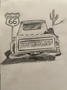 a drawing of an old chevrolet truck next to a route 66 sign in the desert