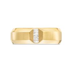 Seal your vows with a look that complements his modern taste - this baguette-cut diamond five-stone wedding band from the Vera Wang Love Collection. Created in 14K gold The center shines with five channel-set baguette-cut diamonds in a linear row. Beveled edges add subtle depth to the design. Set inside the shank, a blue sapphire is the signature of the collection and a symbol of faithfulness and everlasting love. This wedding band captivates with 1/10 ct. t.w. of diamonds. Designed for the Diamond Store®. Luxury Baguette Ring For Formal Occasions, Luxury Yellow Gold Wedding Ring With Baguette Diamonds, Luxury Yellow Gold Baguette Diamond Wedding Rings, Rectangular Baguette Diamond Wedding Ring, Designer Wedding Jewelry With Baguette Diamonds, Designer Jewelry With Baguette Diamonds For Wedding, Luxury Octagon Diamond Cut Wedding Ring, Timeless Gold Wedding Ring With Baguette Diamonds, Modern Yellow Gold Wedding Rings With Diamond Accents