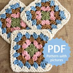 two crocheted potholders with different colors and designs on the front, one is blue