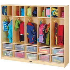 a wooden cubby filled with lots of different items