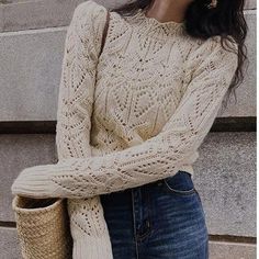 Product information: Material: Wool Style:SWEET Colour:WHITE Size Information: Size: Onesize Packing list: Sweater * 1 Streetwear Korean, Cotton Decorations, Heavy Work, Vintage Pullover, Women Sleeve, Office Casual, Office Ladies, Crochet Sweater, Vintage Chic