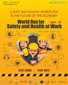 an advertisement for the world day for safety and health at work, with two workers