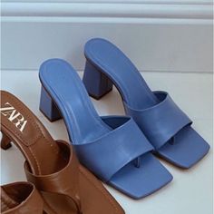 Brand New With Tags ! Never Worn. Authentic Leather. Zara Size 40 = Us 9 Heel Height = 3” Chic Blue Square Toe Mules, Blue Mules For Summer Evenings, Blue Square Toe Mules For Summer, Blue Round Toe Mules, Chic Light Blue High Heel Sandals, Blue Leather Mules For Evening, Blue High Heel Mules For Evening, Blue Sandals With Sculpted Heel And Square Toe, Trendy Blue High Heel Mules