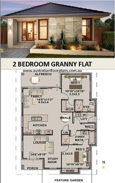 two bedroom granny house plan with 2 bathrooms and an open floor plan for the living room