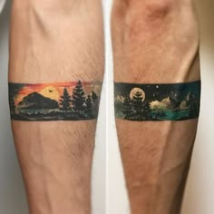 a man's arm with a tattoo on it that has trees and mountains in the background