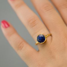 "Blue Lapis Lazuli Stackable Ring, available in 18K Gold Vermeil or 925 Sterling Silver. Please select size and metal option from drop down menu. This listing is for the following 1 (ONE) ring: ✦Gemstone: Lapis Lazuli ✦Stone Cut: Round, Square, or Teardrop ✦Stone Size: Approximately 9mm (0.35\") ✦Metal: 18K Gold Vermeil or 925 Sterling Silver *Because we use natural stones, the stones may vary slightly in shape, size and color. *Each item is packaged individually in a GIFT BOX Please view my ful Tanzanite Sapphire Ring As Gift, Everyday Sapphire Ring Jewelry, Elegant Blue Ring With Natural Stones, Sapphire Crystal Ring Gift, Blue Sapphire Stackable Rings With Gemstones, Blue Sapphire Stackable Gemstone Rings, Adjustable Blue Sapphire Ring Fine Jewelry, Sapphire Color Moonstone Ring As A Gift, Blue Lapis Lazuli Rings Fine Jewelry