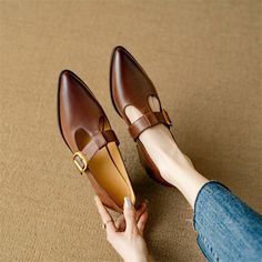 New Spring Summer Genuine Leather Woman Shoes Pointed Toe Retro Women Pumps Shoes for Women Zapatos Casual Leather Shoes With Pointed Toe And Buckle, Casual Leather Shoes With Buckle Closure And Pointed Toe, Spring Brown Leather Shoes With Pointed Toe, Brown Pointed Toe Flats With Buckle Closure, Brown Pointed Toe Loafers With Buckle Closure, Flat Heel Leather Shoes With Buckle Closure For Fall, Brown Pointed Toe Loafers With Buckle, Fall Flat Heel Leather Shoes With Buckle Closure, Flat Leather Shoes With Buckle For Fall