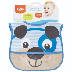 a baby bib with a bear face on it's chest and blue trim