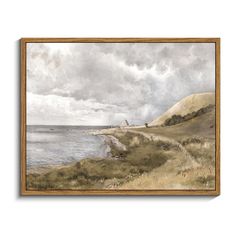 a painting on the wall of a beach with water and clouds in the sky above it