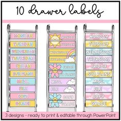 the 10 drawer labels are shown in pink, yellow and blue with flowers on them