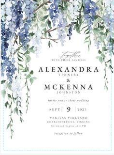 an elegant wedding card with blue flowers and greenery on the front, in watercolor