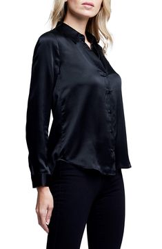 Timeless Silk Shirt For Office, Elegant Silk Button-up Shirt, Silk Tops With Buttons For Night Out, Sleek Silk Office Shirt, Silk Button-up Blouse For Night Out, Silk Formal Shirt For Fall, Sleek Silk Top With Button Closure, Formal Silk Shirt For Fall, Classic Satin Shirt For Workwear