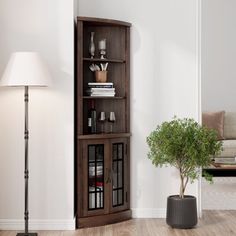 a living room with white walls and wooden flooring, a large bookcase filled with books