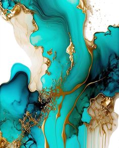 an abstract painting with gold and blue colors