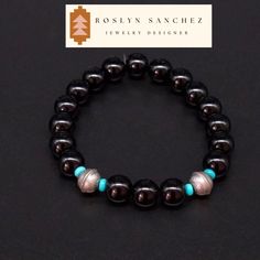 This is a man's natural high quality turquoise, onyx, and oxidized sterling native bead bracelet.  Mens jewelry, mens black onyx beaded bracelet. Navajo beaded mans bracelet. Mountain man bracelet.  Onyx gives strength. It promotes vigor, steadfastness and stamina. Imparts self-confidence, helping you to be at ease in your surroundings. Onyx banishes grief, enhances self-control and stimulates the power of wise decision-making. It encourages happiness and good fortune. A Living Stone All Native Black Beaded Southwestern Bracelets, Southwestern Black Beaded Bracelets, Southwestern Style Black Beaded Bracelets, Southwestern Style Black Beaded Bracelet As Gift, Southwestern Style Black Beaded Bracelet For Gift, Man Bracelet, Man Jewelry, Matching Cards, Mountain Man