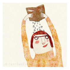 a drawing of a woman holding a book above her head with the caption, she is reading