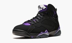 The Air Jordan 7 “Ray Allen” is a special edition of the classic Jordan sneaker modeled after an original player exclusive colorway for Ray Allen during his days playing with the Milwaukee Bucks.  The Jordan 7’s sleek silhouette is featured in the former team colors of the Bucks from the 1990s and early 2000s, built in black Durabuck with purple, dark green, silver, and white accents.  The distinct outsole design of the Jordan 7 features the same colors, with translucent rubber for the green por Ray Allen, Jordan Sneaker, Jordan 7, Popular Sneakers, Milwaukee Bucks, Jordan 6, University Blue, Early 2000s, Jordan Retro