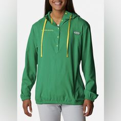 Columbia Oregon Ducks Pfg Tamiami Quarter-Snap Long Sleeve Hooded Shirt Size S Nwt Long Sleeve, Quarter-Snap Shirt Adjustable, Drawstring Hood Elastic Cuffs And Waist Rod Holder Zippered Hand Pockets Feminine Fit Style And Team Spirit Embroidered Team Graphics Columbia Pfg Logo Technology Omni-Shade Upf 40 For Maximum Protection From Uva And Uvb Sun Rays Omni-Wick Moisture-Wicking Technology Enables Perspiration To Evaporate Quickly Leaving You Cool And Dry Additional Details Machine Washable Of Green Tops With Adjustable Hood For Outdoor, Logo Technology, Black Rain Jacket, Fleece Jacket Womens, Hooded Rain Jacket, Rain Jacket Women, Womens Windbreaker, Quarter Zip Jacket, Oregon Ducks