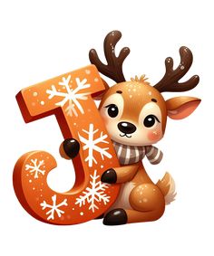 the number five with a cartoon deer and snowflakes