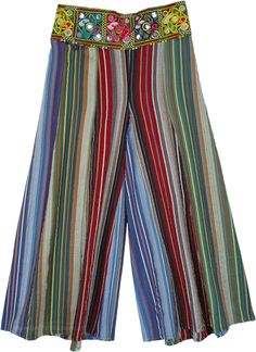 Lightweight cotton multicolored striped charm pants with fancy hippie pants in a seersucker cotton fabric.  These festive hippie pants' most attractive feature is their waist, which has embroidery and mirror details. #tlb #SplitSkirtsPants #Embroidered #Mirrors #Striped #bohemianfashion #fashiondeal #XLPlus #HippieFestivalPants Multicolor Cotton Harem Pants For Beach, Multicolor Cotton Pants For Summer, Summer Multicolor Cotton Pants, Multicolor Vertical Stripes Bottoms For Spring, Spring Multicolor Striped Bottoms, Spring Multicolor Vertical Stripes Bottoms, Multicolor Wide Leg Cotton Bottoms, Bohemian Striped Bottoms For Spring, Multicolor Wide Leg Hippie Bottoms