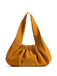 Find PATOU Le Biscuit Shoulder Bag on Editorialist. The Patou Le Biscuit Shoulder Bag is crafted from satin and features a slouchy body with an open top. This shoulder bag has two flat top handles and an elasticated trim. It is finished with gold-tone logo lettering and pleat detailing. The bag has a main compartment. Fashion Moodboard, Yellow Satin, Planet People, City Dress, Chanel 2, Mood Board Fashion, Iconic Bags, Summer Beach Wear, Flat Boots