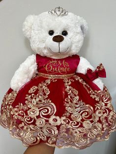 Personalize your Quinceañera Bear with your Name or Quince Design and chose your dress color!  - Names and Designs are made with Premium Glitter heat transfer Vinyls.  -Size of the Teddy Bear is around 22" Inches  - If you order the Teddy Bear it will come with a dress with design and a Crown -This Year Gift something unique that will make and endless memory! 💕 Quince Teddy Bear, Bear Quince, Quince Bear, Quince Doll, Red And Gold Dress, Xv Dresses, Glitter Heat Transfer Vinyl, Quince Ideas, Quince Dresses