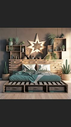 a bedroom with wooden pallets and plants on the wall above it, along with a bed made out of wood crates