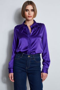 It's all in the details! All eyes are on the chiffon detailing that accents the neckline & placket of our Stretch Silk Satin Button Down Shirt. Dress it up or down with our denim for a fresh take on a must-have. Elie Tahari Exclusive Stretch Silk Satin Button Down Shirt with Chiffon Ruffle detailing 93% Silk, 7% Elastane Runs true to size. Model is 5'9" and wearing size S Length From Shoulder to Hem: Sleeve 32.5"L, Back 25"L (approx. length for size S) Dry Clean Only Imported Style #: E7053524 Satin Button Down Shirt, Tahari Dress, Button Down Shirt Dress, Image Consultant, Satin Blouses, Purple Satin, Long Sleeve Short Dress, Chiffon Ruffle, Satin Shirt