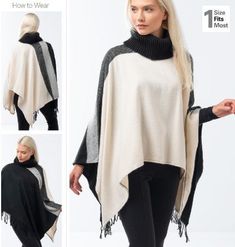 Stay warm and stay stylish in this cozy Two Tone Poncho! Reversible, with a turtleneck for extra comfort, this autumn piece is sure to keep you looking sharp, no matter the weather. Don't let the chill keep you from looking your best! ONE SIZE Winter Poncho Cape For Cold Weather, Winter Long Sleeve Poncho For Layering, Long Sleeve Winter Cape For Layering, Long Sleeve Winter Cape, Winter Long Sleeve Cape For Layering, One Size Winter Cape, Casual One-size Cape For Winter, Winter Poncho One Size Cape, One Size Winter Cape Poncho