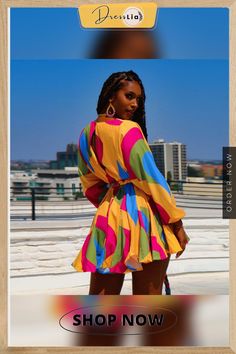 V Neck Long Sleeve Lace Up Pleated Plus Size Dress Long Sleeve Multicolor Mini Dress For Beach, Multicolor Long Sleeve Mini Dress For Beach, Casual Multicolor Long Sleeve Mini Dress, Long Sleeve Multicolor Mini Dress For Spring, Multicolor Long Sleeve Mini Dress For Vacation, Multicolor Long Sleeve Mini Dress For Spring, Fall Day Out Multicolor Mini Dress, Yellow Mini Dress For Fall Vacation, Color Pick