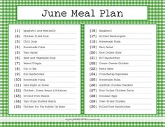 the june meal plan with green gingham checkered tablecloth and white text