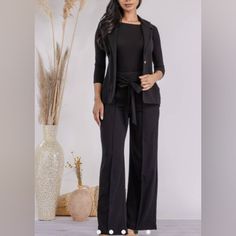 Black 2pc Pants Set (Shirt Not Included Only Vest &Pants ) Black Office Sets For Spring, Black Long Pants Sets For Spring, Black Sets With Long Pants For Spring, Wide Leg Pant Set For Workwear, Solid Color Wide Leg Pant Set For Work, Black Fall Sets With Long Pants, Elegant Black Pants Set, Elegant Black Long Pants Set, Solid Color Workwear Pant Set With Pockets