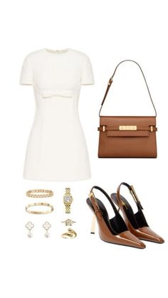 a woman's outfit and accessories including shoes, handbag, bracelets and purse