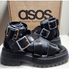 Nib - New In Box Asos Design Footprint Premium Leather Chunky Black Sandals Women's Uk Size 6, Us Size 8 Leather Upper, Two Buckle Straps At Ankle Chunky Lug Sole Msrp $98 Sold Out Online Style Tags: Platform, Chunky, Leather, Comfort, Summer, Casual, Walking, Festival, Music, Concert, Outdoors Black Punk Sandals With Round Toe, Black Leather Ankle-high Sandals, Casual Black Ankle-high Sandals, Casual Fall Platform Sandals, Black Ankle-high Sandals With Buckle Closure, Black Leather Punk Sandals, Black Sandals With Buckle Closure For Fall, Black Buckle Closure Sandals For Fall, Punk Style Closed Toe Leather Sandals