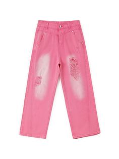 Pink Faded Denim Distressed Ripped Jeans Trendy Ripped Pink Jeans, Pink Wide Leg Jeans With Frayed Hem, Pink Distressed Bottoms For Fall, Fall Distressed Pink Bottoms, Pink Ripped Cotton Jeans, Pink Ripped Denim Jeans, Pink Distressed Cotton Jeans, Faded Distressed Jeans For Spring, Spring Acid Wash Mid-rise Pants