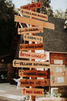 a wooden sign post with many signs attached to it