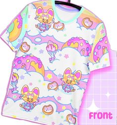 Kawaii Anime Print T-shirt For Summer, Multicolor Kawaii T-shirt For Spring, White Kawaii T-shirt With Cat Print, Summer Kawaii Anime Print T-shirt, Summer Kawaii T-shirt With Anime Print, Cute Anime Print T-shirt For Summer, Cute Anime Print Summer T-shirt, Kawaii Multicolor Spring T-shirt, Spring Kawaii Multicolor T-shirt