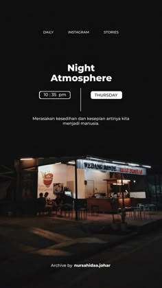 an advert for the night atmosphere restaurant in malaysia, with people sitting at tables outside