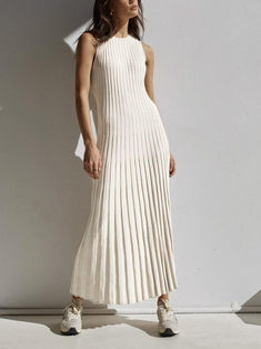 Camille Knit Pleat Maxi Dress - AnotherChill Luxury White Short Sleeve Maxi Dress, Luxury White Chiffon Maxi Dress, Luxury White Maxi Dress With Smocked Bodice, Luxury White Maxi Length Gown, Luxury Pleated Maxi Dress For Spring, Luxury White Maxi Dress For Daywear, Luxury Cream Maxi Dress For Daywear, 90s Y2k Fashion, Baggy Dresses