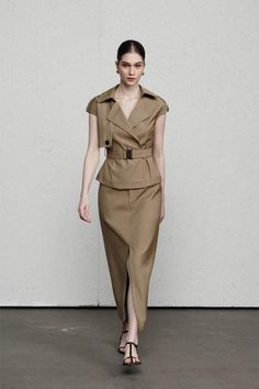 Penelope Straight Storm Flap Khaki Jacket | MEAN BLVD Minimalist Skirt, Khaki Coat, Fashion Vest, Fits Ideas, Long Pencil Skirt, Office Professional, Mean Blvd, Khaki Jacket, Cropped Camisole