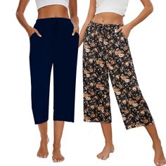 PRICES MAY VARY. Capri pajama pants for women are made of cotton polyester blend fabric, lightweight, breathable, stretchy, super soft against the skin and comfy enough for every day wearing Women's cotton lounge pants feature elastic waistband with drawstring, wide leg cut and loose fit, cropped length pants with two side pockets, soft and comfy touching, move freely all the day 2 pack capri sleep pants, soft and stretchy, comfortable and casual for sleepwear, perfect for everyday essentials, e Summer Relaxation Sweatpants With Elastic Waistband, Comfortable Summer Pants For Pajama Party, Casual Bottoms With Elastic Waistband For Pajama Party, Non-stretch Cotton Harem Pants For Loungewear, Casual Cotton Harem Pants For Relaxation, Casual Sleepwear Trousers With Elastic Waistband, Casual Summer Sleepwear Trousers, Spring Yoga Pants, Casual Sweatpants For Pajama Party In Spring